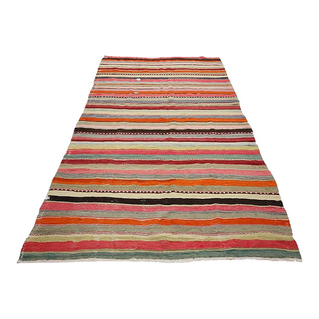 Vintage Colorful Striped Turkish Kilim Rug- 5′6″ × 9′10″ For Sale