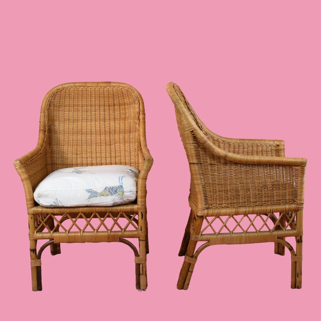 Coastal Set of 4 Woven Rattan Arm Chairs For Sale - Image 3 of 4