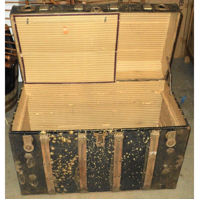 Brown Antique Large Metal & Wood Steamer Trunk For Sale - Image 8 of 12