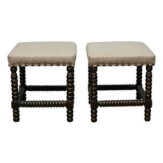 Pair of English 19th Century Ebonized Bobbin Stools with Custom Linen Upholstery For Sale