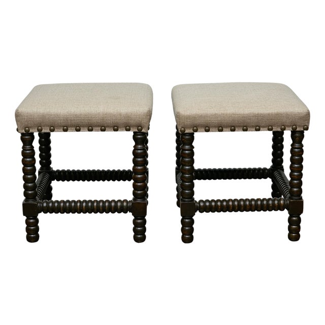 Pair of English 19th Century Ebonized Bobbin Stools with Custom Linen Upholstery For Sale
