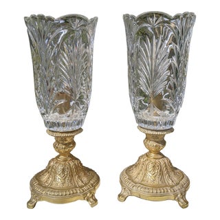 Vintage Regency Cut Glass Crystal Lamps W/Ornate Polished Brass Base - a Pair For Sale