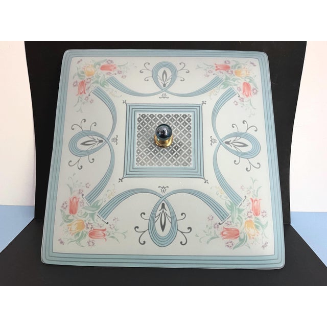 Lovely large early mid century Victorian style walled garden ceiling light in matte frosted glass with sky blue striped...