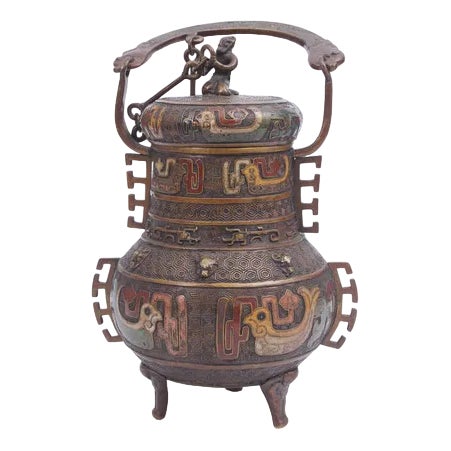 Bronze Can with Multi-Colored Enamel For Sale