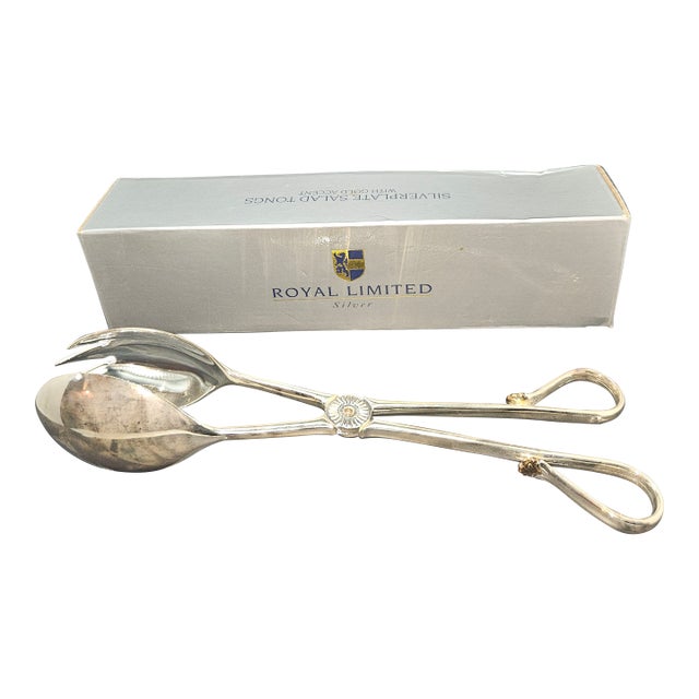 Vintage Royal Limited Silver-Plated Salad Tongs With Gold Accents For Sale