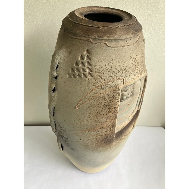 Brown Large Brutalist Ceramic Urn, Signed and Dated 86 For Sale - Image 8 of 9