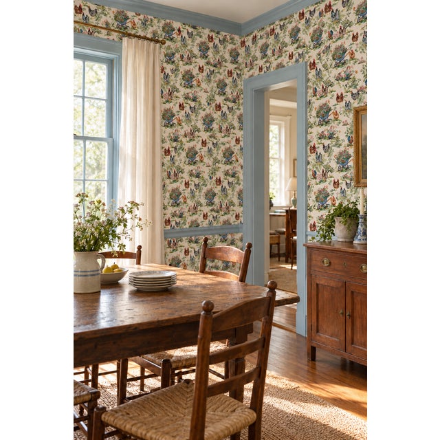 Farmhouse Cluckingham Farm Toile Grasscloth Wallpaper by House Party | Egg White | 8 Yards For Sale - Image 3 of 13