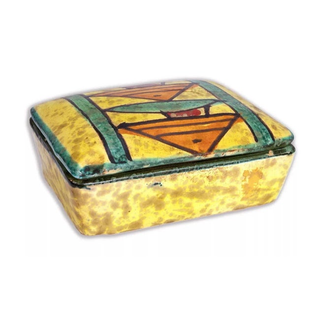 Yellow Bitossi Ceramic Trinket Box and Vase with Abstract Fish Pattern Made in Italy - Set of 2 For Sale - Image 8 of 12