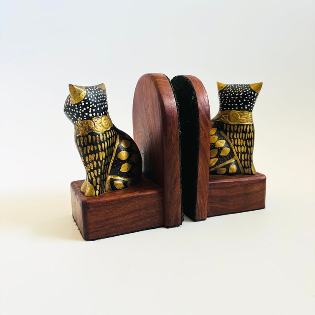 Vintage Brass and Wood Cat Bookends - Set of 2 For Sale - Image 4 of 14