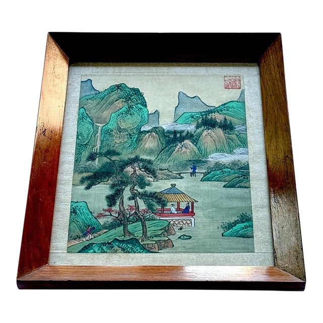 c.1950 Chinese Republic Silk Painting Mountain River Landscape W Figures, Seal Signed For Sale