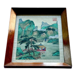 c.1950 Chinese Republic Silk Painting Mountain River Landscape W Figures, Seal Signed