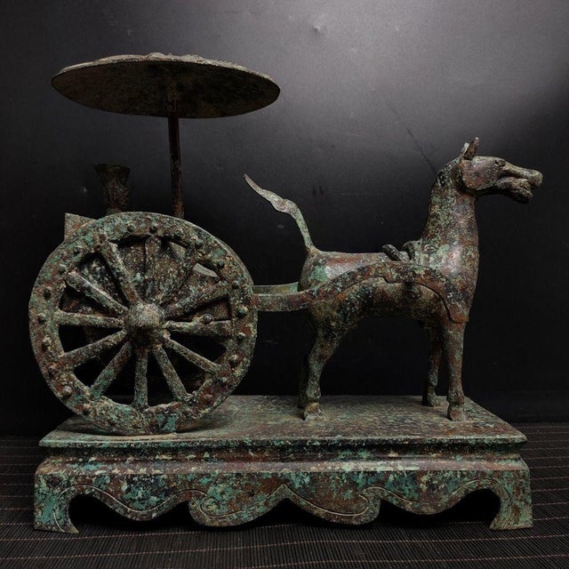 Art Deco Vintage-Style Chinese Traditional Bronze Horse Cart Reproduction For Sale - Image 3 of 7