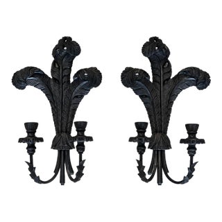 Pair of Hollywood Regency Black Candle Sconces With Plumes in the Style of Tony Duquette For Sale