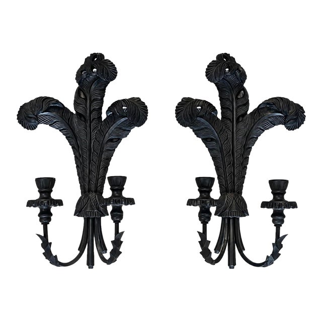 Pair of Hollywood Regency Black Candle Sconces With Plumes in the Style of Tony Duquette For Sale