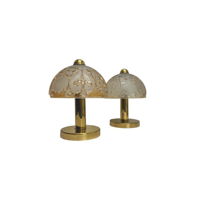 Goldenrod Brass and Relief Glass Mushroom Table Lamps from Peill & Putzler, 1970s, Set of 2 For Sale - Image 8 of 12