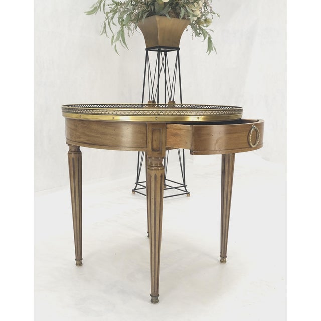 Henredon Henredon Olive Green Round Leather Top Brass Gallery Drop Pull Side Table For Sale - Image 4 of 12