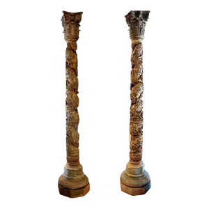 Pair of Large 17th Century Polychrome Wood Solomonic Columns With Carved Bird and Grape Design