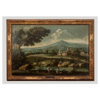 Unknown, Landscape with Figures, Original Oil on Canvas, 18th Century, Framed For Sale