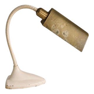Vintage Industrial Gooseneck Task Lamp With Pivoting Brass Shade For Sale