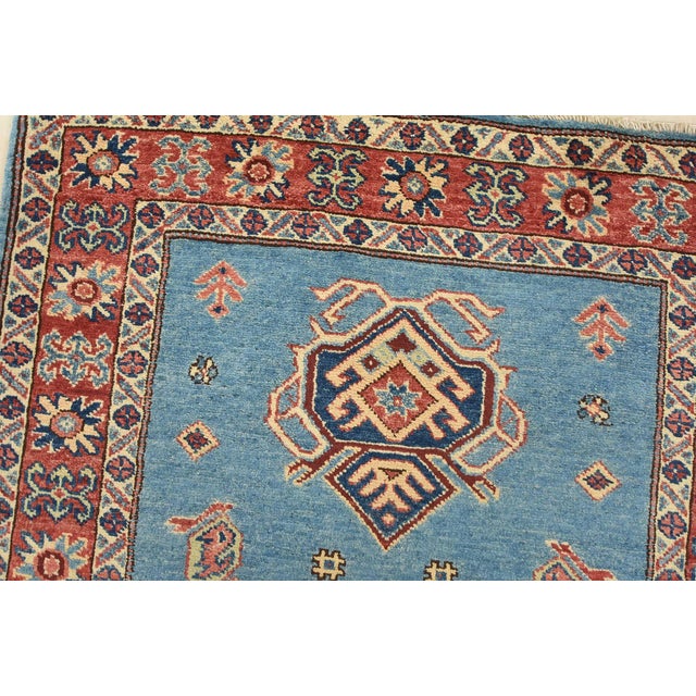 Kazak Rug 3’2” X 4’8” Blue Wool Tribal Hand-Knotted Oriental Carpet For Sale In Philadelphia - Image 6 of 13