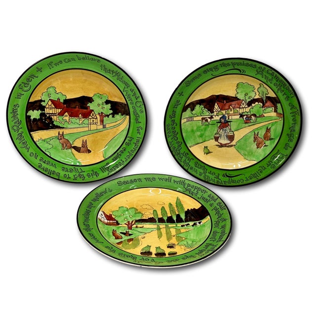 Set of 3 Antique Ye Olde English Staffordshire Pottery Rabbit Motto Plates - Wall Hanger Brackets Included For Sale - Image 11 of 18