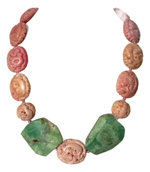 Mid 20th Century Green Jasper and Pink Carved Stone Necklace