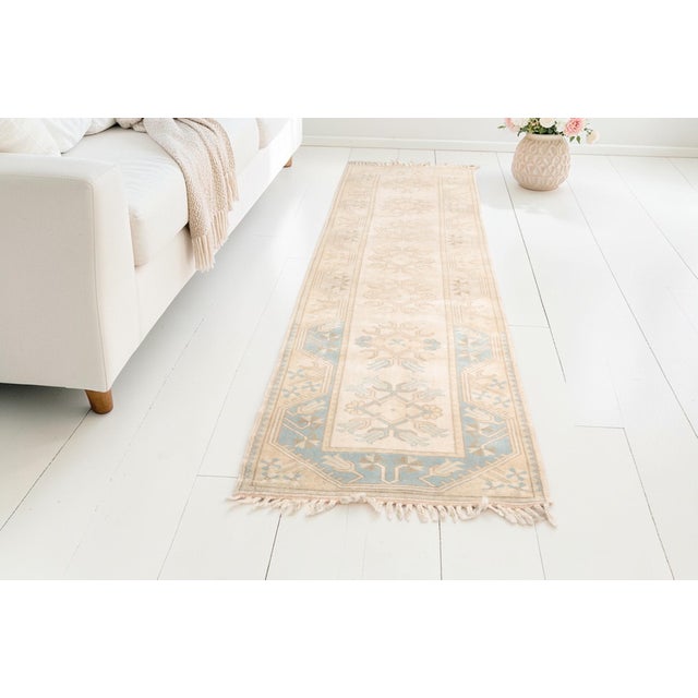 Turkish Mid 20th Century Muted Cream & Soft Aqua Floral Rug For Sale - Image 3 of 10