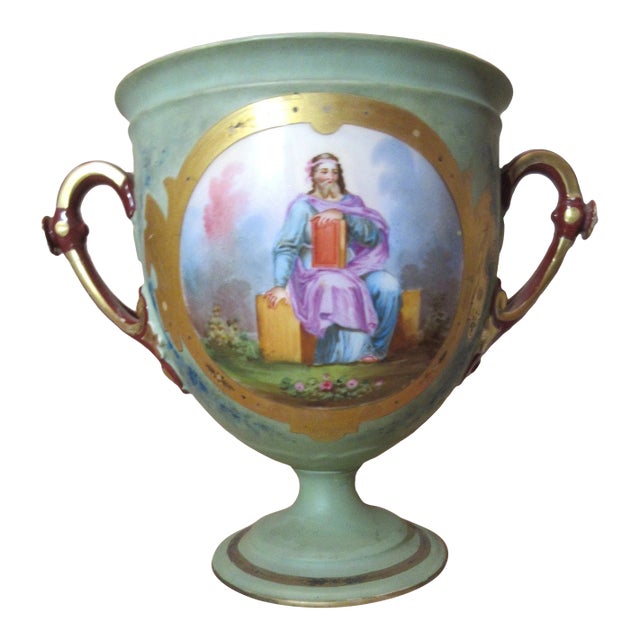 Antique 1800's Hand Painted Figural Porcelain Compote Ewer Vase Trophy Urn For Sale