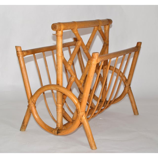Mid-Century Modern Vintage Boho Chic Bend Bamboo Caning Handwoven Magazine Rack Newspaper Stand For Sale - Image 3 of 16