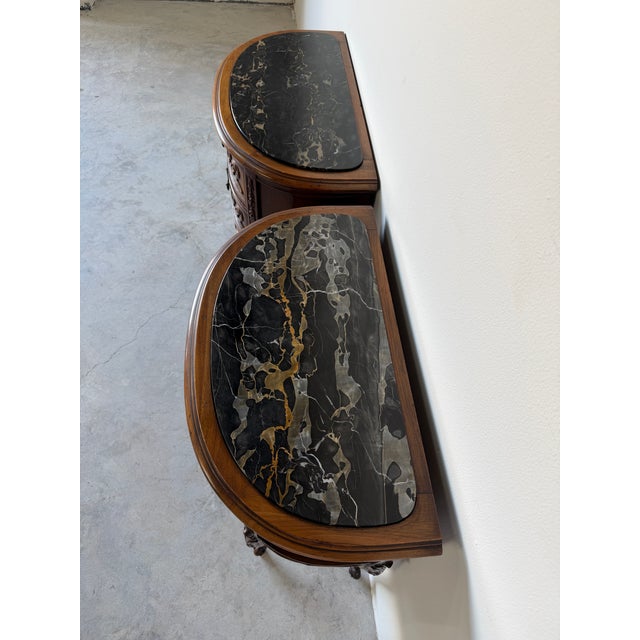 Wood Pair of French Rococo Carved Walnut Demilune Nightstand With Marble Top For Sale - Image 7 of 16