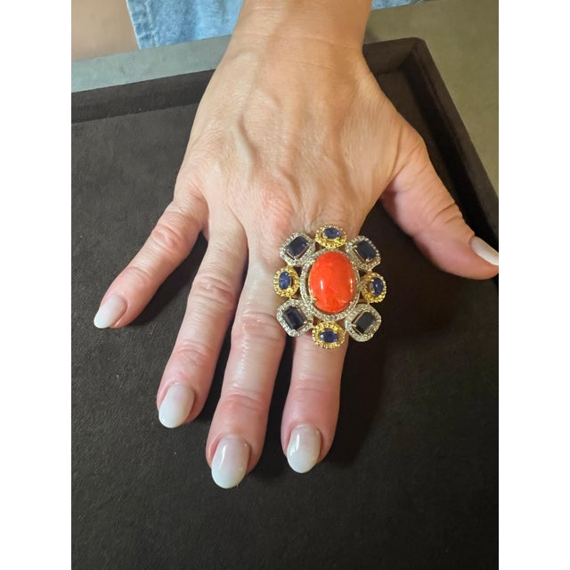 Gemstone Bochic "Orient" Vintage Diamond, Blue Sapphire & Opal Ring Set 18K Gold & Silver For Sale - Image 7 of 18