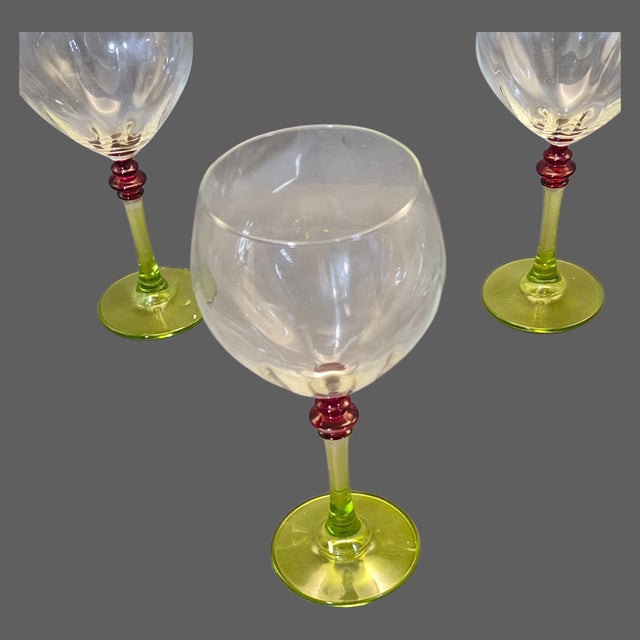 Contemporary Late 20th Century Festivo Italian Wine Glasses Green & Red Stem - Set of Four For Sale - Image 3 of 6