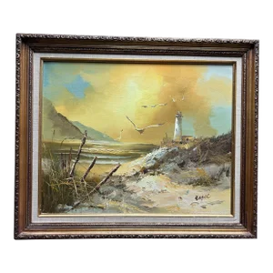 Vintage Mid Century Seascape Sunset Oil Painting on Canvas