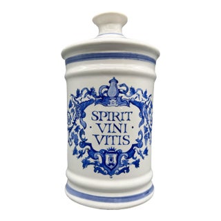 1970s Paul Masson Blue & White Ceramic Apothecary Jar Style Brandy Decanter by José Moya Del Pino – Traditional / Grandmillennial For Sale