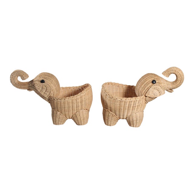 1980's Wicker Hand Woven Elephant Planters Pot Holder Baskets in the Manner of Mario Lopez Torres - a Pair For Sale