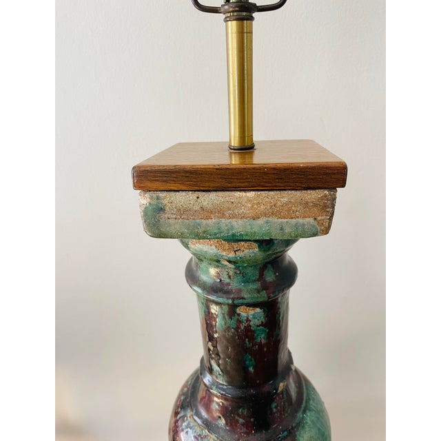 Mid Century Burgundy and Turquoise Drip Glaze Textured Pottery Lamp For Sale In Chicago - Image 6 of 12