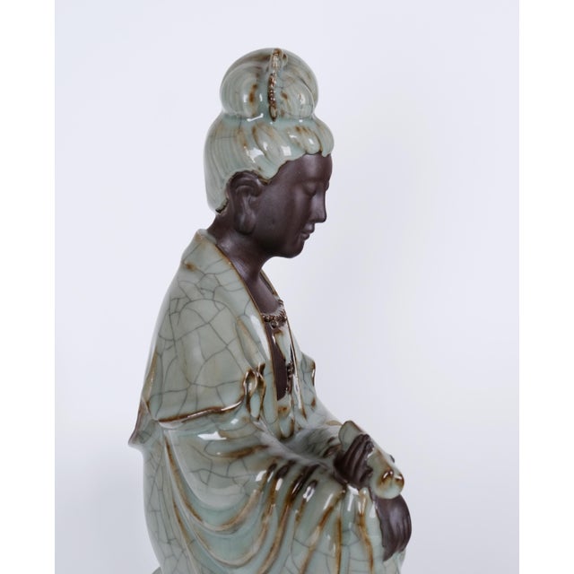 Chinese Antique Guanyin (Kwan Yin) Goddess of Mercy Buddha Late 19th / Early 20th Century Celadon Color W/ Craquelure Splendid Statue/Sculpture Vg+ For Sale - Image 3 of 12