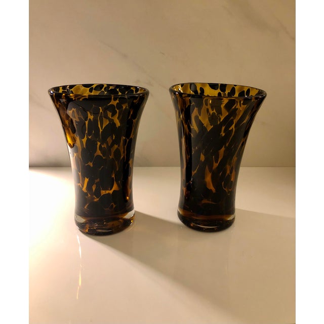 Mid 20th Century Pair of Mid 20th Century Tortoise Shell Motif Leopard Handblown Glass Vases For Sale - Image 5 of 6