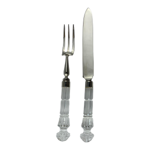 1960s Vintage Cut Crystal and Silver Plate Serving Fork and Knife Set