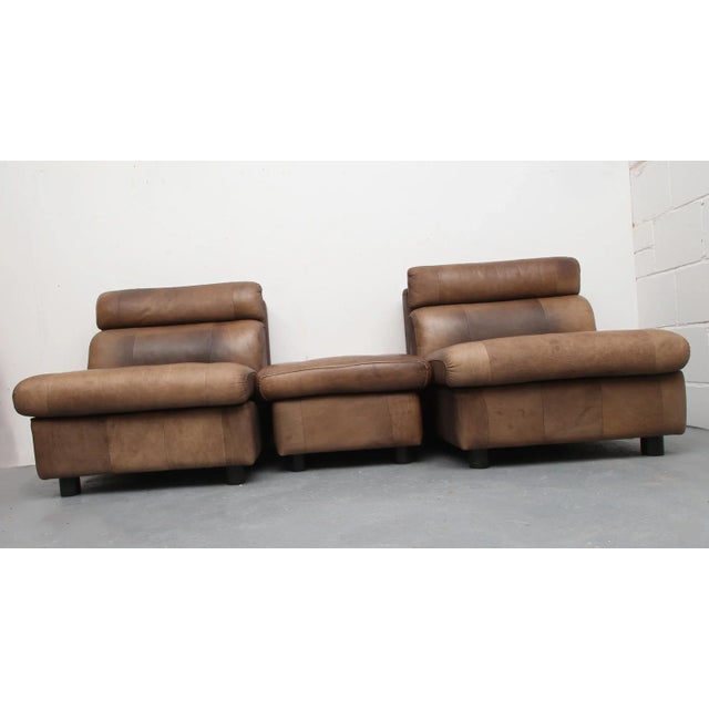 Brown Leather Patchwork Lounge Chairs and Stool, 1970s, Set of 3 For Sale - Image 12 of 15