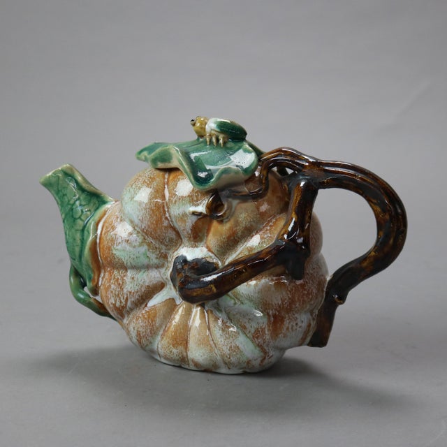Vintage Majolica Pumpkin, Vine & Leaf Form Pottery Teapot with Beatle Finial 20thC Measures - 6 5/8" x 9 5/8" x 4"