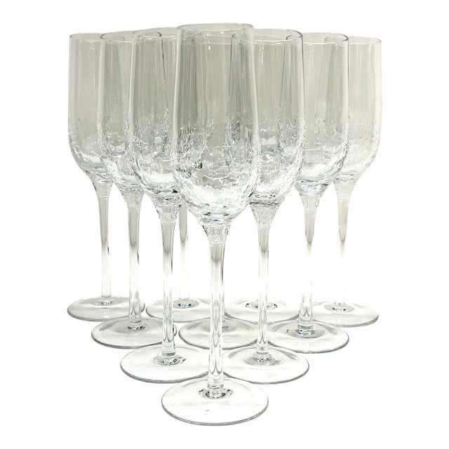 Mid 20th Century Stemware Set of 10 Beautiful Modern Champagne Flutes With Ice Crackle Effect For Sale