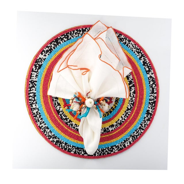 White Linen Napkins With Orange Ruffled Hemstitch Edges, Set of 4 For Sale In Miami - Image 6 of 11