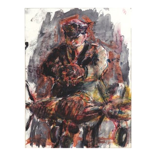 Abstract Expressionist Tempera on Paper Figurative -- the Pilot and His Plane by Jean Kellogg For Sale