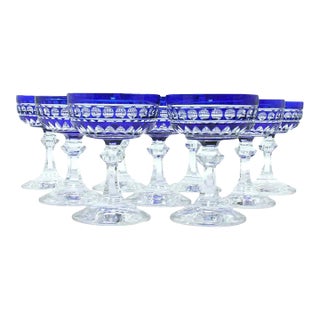 1920s Blue & Clear Cut Crystal Champagne Coupes - Set of 9 For Sale