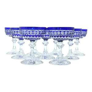 1920s Blue & Clear Cut Crystal Champagne Coupes - Set of 9