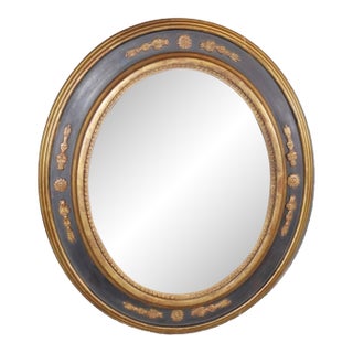1990s French Oval Convex Butler’s Mirror in Black and Gilt For Sale