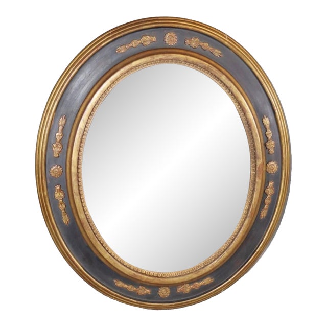 1990s French Oval Convex Butler’s Mirror in Black and Gilt For Sale