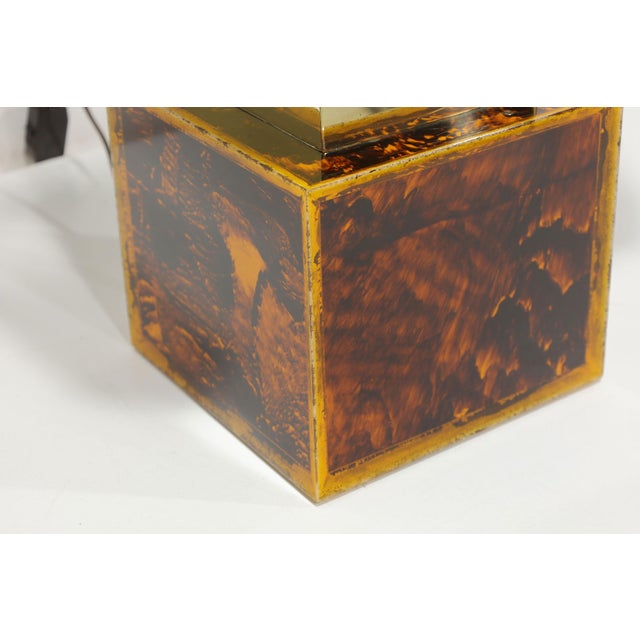 Elevate your space with this very unique and large custom pair of acrylic, resin, and brass table lamps made in Brazil,...