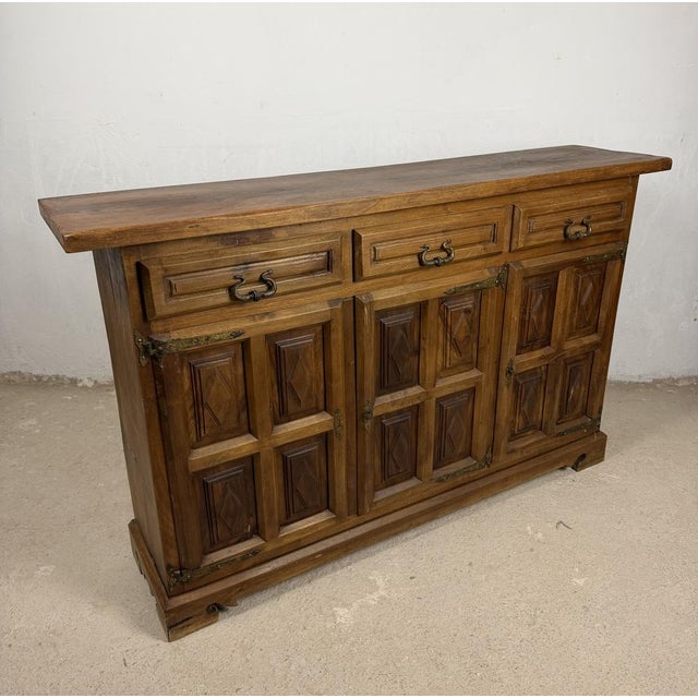1930s Spanish Rustic Walnut Sideboard with Three Drawers, 1930 For Sale - Image 5 of 12